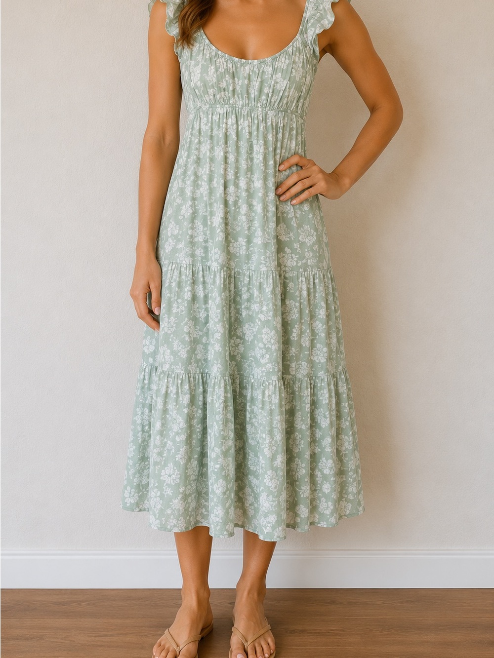 Altar'd State Light Green Floral Ruffled Strap Midi Dress
